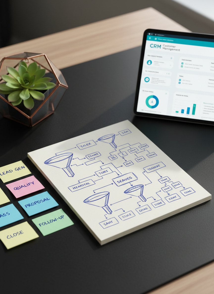 A close-up of a sophisticated wooden desk with a matte black surface, featuring an open notebook filled with neatly sketched sales funnels and process diagrams in blue ink. Beside it, a tablet displays a clean CRM interface, and a set of colored sticky notes forms a structured workflow grid. A small, modern glass terrarium with a single green plant adds a subtle organic contrast. Soft, diffused daylight from an unseen window illuminates the scene, creating gentle shadows and subtle reflections on the tablet screen. Shot from a slightly elevated angle with shallow depth of field, the foreground notes in sharp focus and the background softly blurred. The photographic, minimalist composition communicates structured thinking, strategic planning, and calm, methodical sales process optimization.
