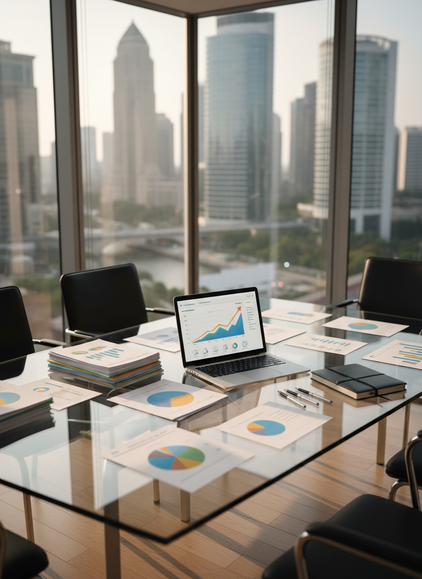 A sleek glass conference table covered with organized, colorful sales reports, a silver laptop displaying an upward-trending analytics dashboard, and neatly arranged metallic pens and a leather notebook. The table sits in a high-floor corner office with floor-to-ceiling windows revealing a softly blurred modern city skyline. Late afternoon natural light pours in, reflecting off the glass surfaces and creating crisp, professional highlights with gentle shadows on the polished wood floor. Shot at eye level with a slight diagonal angle, everything in sharp focus, conveying precision, clarity, and strategic thinking. The photographic realism and clean, modern aesthetic emphasize a calm, confident atmosphere that suggests strategic business growth and data-driven sales consulting excellence, without any human presence.