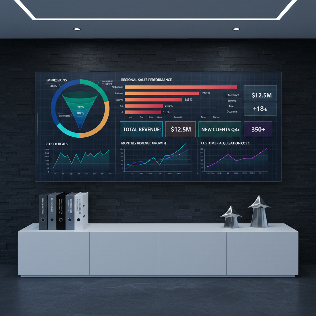 A large, wall-mounted digital dashboard displaying richly colored sales metrics, funnel diagrams, and performance charts in a clean, modern interface against a dark slate wall. Below it, a minimalist white credenza holds neatly stacked presentation binders and a single, tasteful metal desk sculpture shaped like an upward arrow. Subtle recessed ceiling lights cast soft, even illumination, with a faint glow from the dashboard screens adding a strategic, high-tech ambiance. Captured from a slightly low angle to emphasize the dominance of the data visuals, with a wide composition that leaves breathing space around the main screen. The mood is focused, analytical, and professional, in a photographic realism style that conveys control, insight, and mastery of complex sales operations and growth strategies.